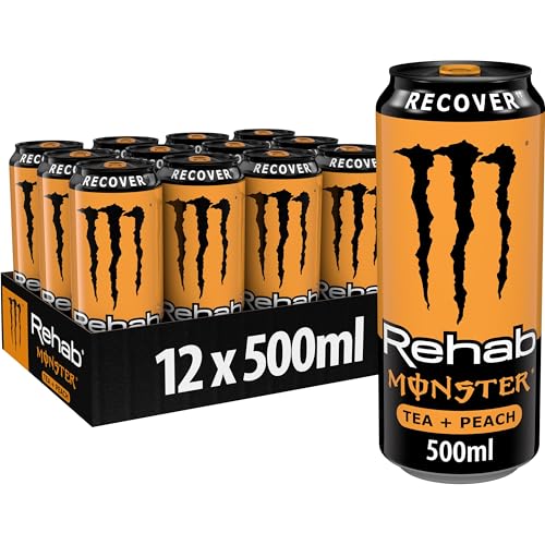 Monster Energy Rehab Peach - koffeinhaltiger Energy-Eistee mit Pfirsich-Geschmack - Energydrink ohne Kohlensäure - in praktischen Einweg Dosen (12 x 500 ml) von Monster Energy