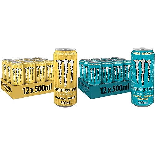 Monster Energy Ultra Gold & Ultra Fiesta - koffeinhaltiger Energy Drink mit leichtem Mango-Geschmack - ohne Zucker und ohne Kalorien - in praktischen Einweg Dosen (12 x 500 ml) von Monster Energy