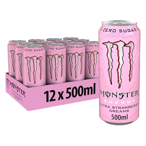 Monster Energy Ultra Strawberry Dreams - koffeinhaltiger Energy-Drink mit süßlich-saurem Erdbeer-Geschmack - ohne Zucker, ohne Kalorien - in praktischen Einweg Dosen (12 x 500 ml) von Monster Energy
