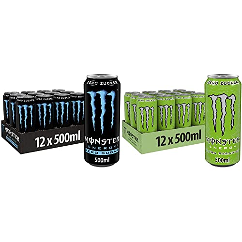 Monster Energy Zero Sugar, 12x500 ml, Einweg-Dose, mit klassischem Energy-Geschmack und Zero Zucker & Ultra Paradise, 12x500 ml, Einweg-Dose, Zero Zucker und Zero Kalorien von Monster Energy