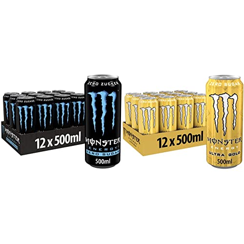 Monster Energy Zero Sugar - (12 x 500 ml) & Ultra Gold - koffeinhaltiger Energy Drink mit fruchtigem Ananas-Geschmack - ohne Zucker und ohne Kalorien - in praktischen Einweg Dosen (12 x 500 ml) von Monster Energy