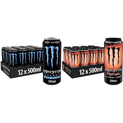 Monster Energy Zero Sugar - koffeinhaltiger Energy Drink mit klassischem Monster-Geschmack (12 x 500 ml) & Rehab Peach - koffeinhaltiger Energy-Eistee mit Pfirsich-Geschmack (12 x 500 ml) von Monster Energy