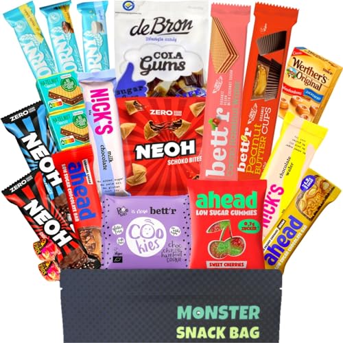 20 Zuckerfreie Süssigkeiten ohne Zucker oder Zuckerzusatz als Probierpaket oder als Geschenkidee - Keto Süßigkeiten low carb mit Schokolade auch für Diabetiker von Monster SnackBag
