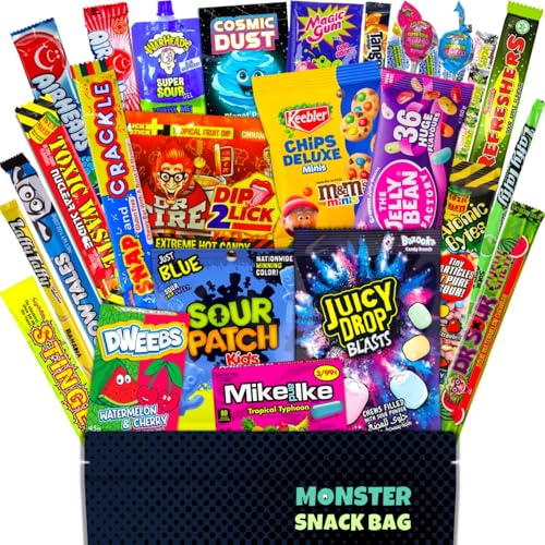 30 Amerikanische Süßigkeiten aus den USA in einer Box auch als Geschenkidee oder für Partys - TikTok Trend Süssigkeiten XXL Mix mit American Candy von Monster SnackBag