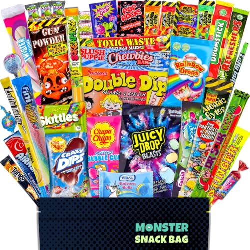40 Süßigkeiten aus aller Welt in einer Box auch als Geschenkidee oder für Partys - XXL Mix mit amerikanischen Süssigkeiten und britischen Sweets von Monster SnackBag