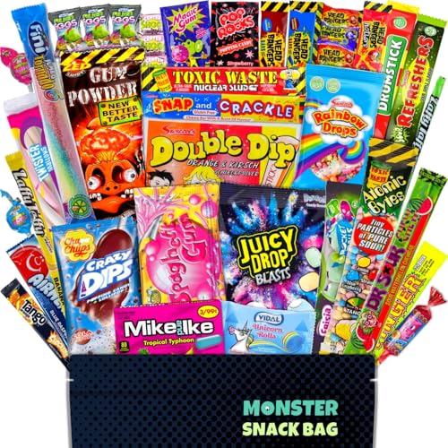 40 Süßigkeiten aus aller Welt in einer Box auch als Geschenkidee oder für Partys - XXL Mix mit amerikanischen Süssigkeiten und britischen Sweets von Monster SnackBag