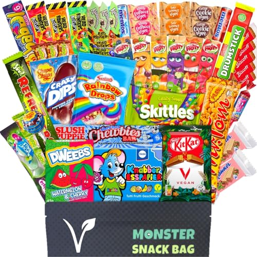 50 Vegane Süßigkeiten aus aller Welt in einer Box auch als Geschenkidee oder für Partys - Süssigkeiten XXL Mix vegan, vegetarisch, laktosefrei von Monster SnackBag