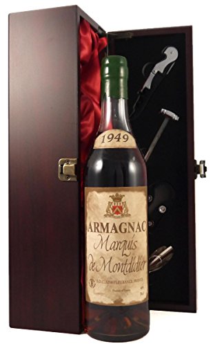 Marquis de Montdidier Bas Vintage Armagnac 1949 (70cl) in einer mit Seide ausgestatetten Geschenkbox. Da zu vier Wein Zubehör, Korkenzieher, Giesser, Kapselabschneider,Weinthermometer, 1 x 700ml von Montdidier Armagnac