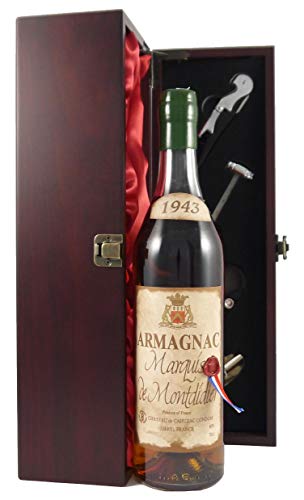Marquis de Montdidier Vintage Armagnac 1943 (70cl) in einer mit Seide ausgestatetten Geschenkbox, da zu 4 Weinaccessoires, 1 x 700ml von Montdidier