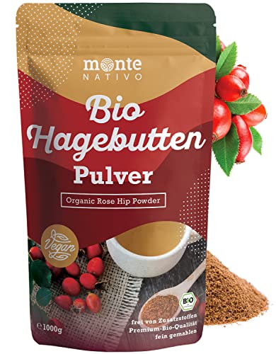 Bio Hagebuttenpulver 1kg (1000g) Monte Nativo | Getrocknete Früchte, Schonend Gemahlen | Hagebutten | Hagebuttenpulver Bio | Vegan, aus biologischem Anbau | Für goldene Milch | Hagebuttenmehl von Monte Nativo