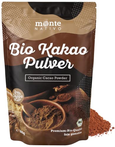 Bio Kakaopulver 1kg(1000g) von Monte Nativo | Vegan und stark entölt | Rohkakao - nährstoffreich und fein gemahlen | Zuckerarm | Perfekt als Trinkschokolade, Diät Shakes oder Backkakao | Zum Backen von Monte Nativo