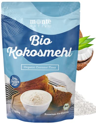 Bio Kokosmehl 1kg (1000g) von Monte Nativo | Kokosnuss fein gemahlen | Vegan, glutenfrei | Keto | Mehl zum backen von Kuchen und Kochen | Dezent nussig-süßer Geschmack | Hochwertiges Kokosmehl von Monte Nativo