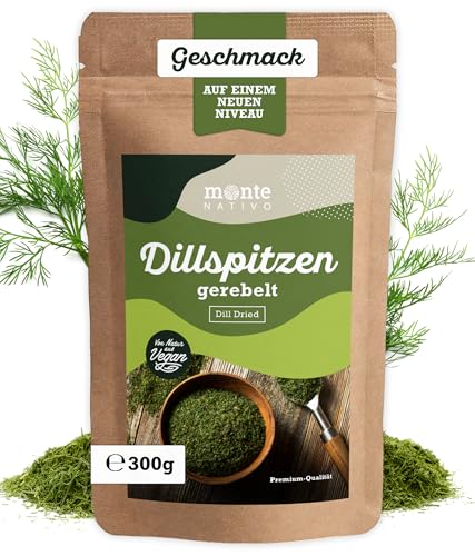 Dill getrocknet Monte Nativo (300g) - Dillspitzen gerebelt 100% rein - Schonend getrocknete und aromatische Gewürze ideal zum Kochen und Würzen - Intesives Aroma und Geschmack von Monte Nativo