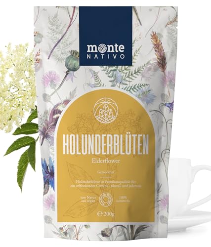 Holunderblütentee Monte Nativo (200 g) - Holunderblüten schonend getrocknet zur jeder Zeit - 100% rein und natürlich - Holundertee für Kräutertee oder als Tee Geschenk - Früchtetee von Monte Nativo