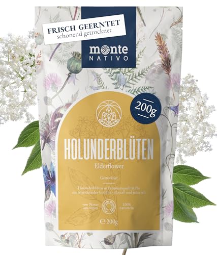 Holunderblütentee Monte Nativo (200 g) - Holunderblüten schonend getrocknet zur jeder Zeit - 100% rein und natürlich - Holundertee für Kräutertee oder als Tee Geschenk - Früchtetee von Monte Nativo