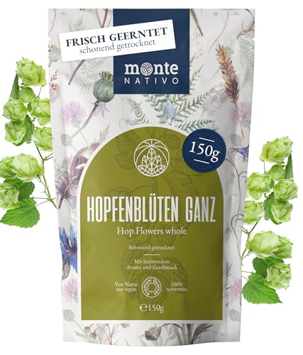 Hopfenblüten ganz Monte Nativo (150g) - Hopfentee schonend getrocknet aus aromatischer Hopfenblüten - 100% Natürlich Hops - Hopfen Tee ohne Zusatzstoffe - Kräutertee für einen köstlichen Aufguss von Monte Nativo
