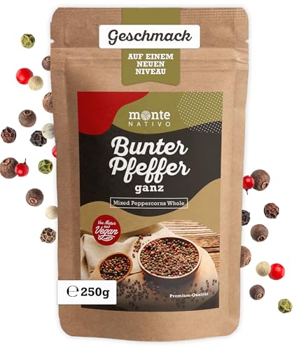 Pfefferkörner bunt ganz Monte Nativo (250g) - Bunter Pfeffer ganz ideal zum Kochen - Pfeffer für Mühle - Mix aus schwarzer Pfeffer, weißer, rosa und grüner Pfeffer von Monte Nativo