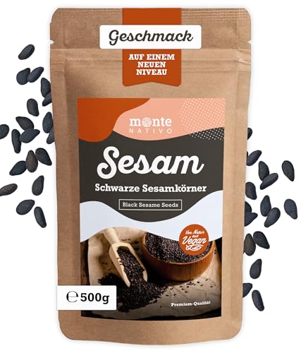 Schwarzer Sesam Monte Nativo (500g) - Schwarze Sesamsamen - Sesamkörner schwarz - Schonend getrocknete und aromatische Gewürze ideal zum Kochen und Würzen - Intesives Aroma und Geschmack von Monte Nativo
