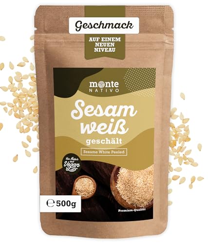 Sesam Monte Nativo (500g) - Weiße Sesamkörner ideal für Sushi oder Avocado Topping - Sesame Seeds - Schonend getrocknete und aromatische Gewürze ideal zum Kochen - Intesives Aroma und Geschmack von Monte Nativo