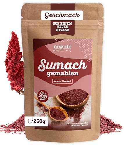 Sumach Gewürz - gemahlen (250g) Monte Nativo | Hochwertig & Vegan | Sumak zum Kochen | Glutenfreies Backen und Kochen | Türkische Gewürze | Orientalische Küche von Monte Nativo