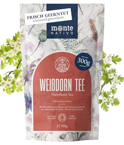 Weißdorn Tee Monte Nativo (300 g) - Weissdorn Tee schonend getrocknet - Weißdornblätter zur jeder Zeit - 100% rein und natürlich - Weissdorntee als Kräutertee, Eistee oder Tee Geschenk - Früchtetee von Monte Nativo