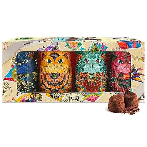 Monty Bojangles Kit-Tins Schokoladentrüffel (4 x 36g) Truffle Pralinen mit Kakao bestäubt Pralinen, Schokolade Sammlerdose mit Katzen-Design, Geschenkset mit vier Geschmacksrichtungen von Monty Bojangles