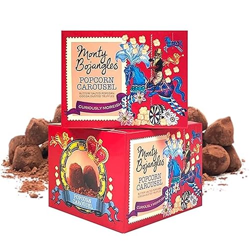 Monty Bojangles Popcorn Carousel Pralinen Schokoladentrüffel mit Kakao bestäubt (2 x 150 g Schoko-Geschenkbox), Geschmack Schokolade Buttery Salted Popcorn, preisgekrönt von Monty Bojangles
