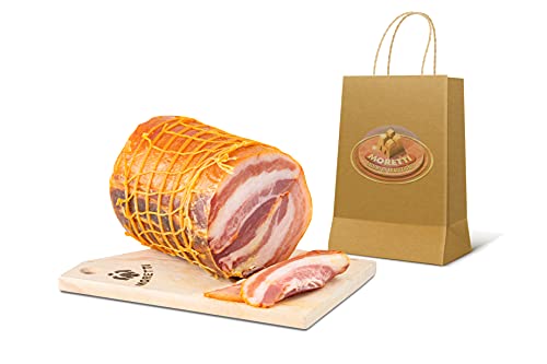 Moretti® | Angespannter und gerollter Speck | Vakuumverpackte Scheibe ca. 800g / 900g | Artisan gewürzt getrocknet | Vom reinen Schwein | Leicht geräuchert | In Geschenk Holzschneidebrett von Moretti