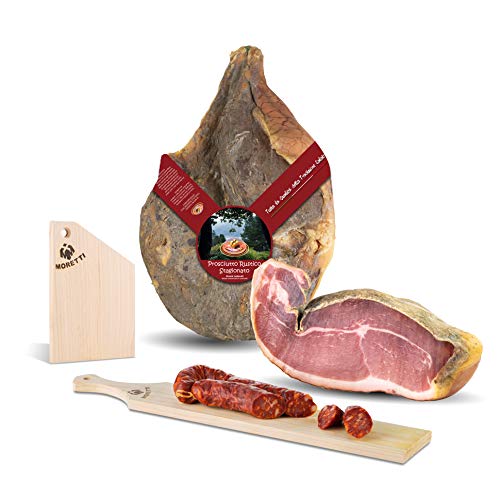 Moretti® Rohschinken Prosciutto | 6,5kg | Dünn gewürzt | 100 % natürlich | Ohne Konservierungsstoffe | Tribute Holzschneidebrett und traditionelle Wurst | Hergestellt in Kalabrien (ohne Knochen) von Moretti