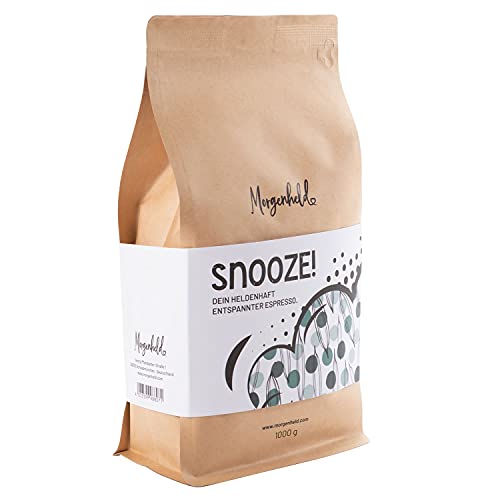 Morgenheld SNOOZE Premium Kaffeebohnen 1 kg Arabica Espresso Crema, schokoladig süß und säurearm, ganze Bohnen für Vollautomaten von Morgenheld