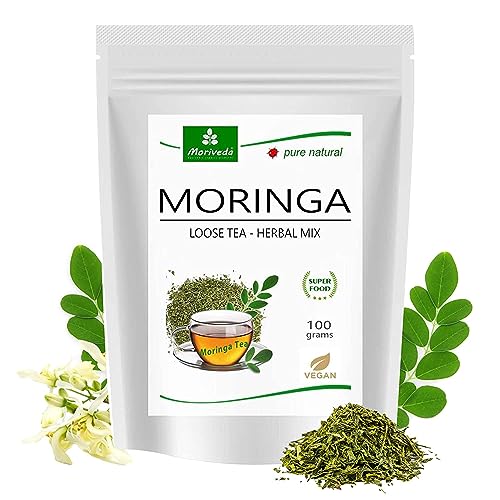 MoriVeda Moringa Oleifera Tee 100g, loser Tee aus getrockneten Moringa Blättern in Zip-Beutel, Tee Mischung mit Ingwer, Lakritze und Kardamom, vegan von MoriVeda