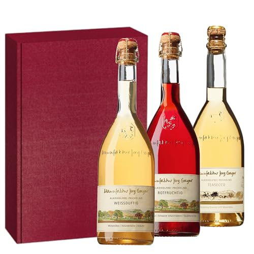 Jörg Geiger 3er-Set im Geschenkkarton | Weißduftig, Rotfruchtig, Teasecco | Alkoholfreies Weinpräsent (3 x 0,75l) von Moritz Drinks