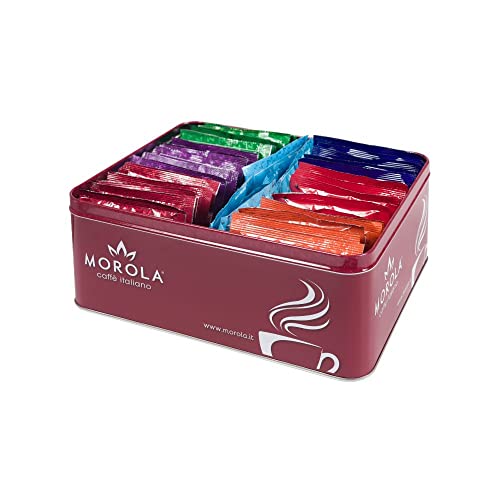 Morola Caffè Italiano - Pads Tasting Kit – Kompostierbare Pods ESE44 – Coffee Tasting Classico, Arancio, Limited, Cremoso, Decaffeinato, El Mirador (36, + Blechdose) - Kaffee Made in Italy von Morola