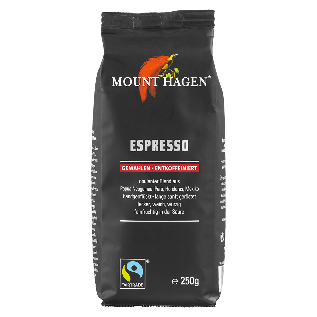 Bio Espresso, gemahlen, entkoffeiniert, 250g Bio Espresso, gemahlen, entkoffeiniert, 250g von Mount Hagen