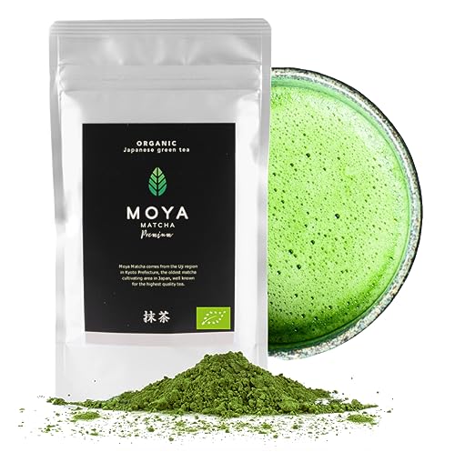 Bio Moya Matcha Tee Pulver Grün | 100g Premium Zeremonie-Qualität | Organisch Gewachsen und Geerntet in Uji,Japan | Grüntee-Pulver Matcha | Ideal für die japanische Teezeremonie mit Wasser von Moya Matcha