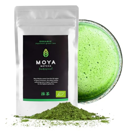 Moya Matcha Bio Tee Pulver Grün | 100g Traditional Zeremonie-Qualität 30g| Organisch Gewachsen und Geerntet in Uji, Japan | Perfekt für das Trinken mit Wasser Matcha Latte Smoothies und Limonaden von Moya Matcha