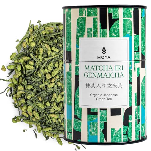 Moya Bio japanischer Iri Genmaicha Grüntee lose Blätter | 60g Sencha mit Reis und Matcha | Matcha Genmaicha | Tee aus Japan | Veganfreundlich | Verpackt in mehrfarbiger Kartondose von Moya Matcha