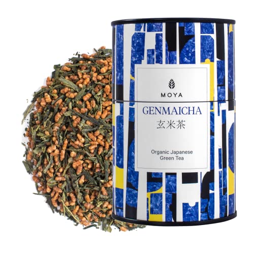 Organischer Moya Grün-Tee Genmaicha 60 g | Loseblatttee mit geröstetem, gepufftem braunem Reis | Grüner Genmai Cha aus Japan | Vegan Freundlich | in mehrfarbiger Metalldose | Perfekt Geschenk von Moya Matcha