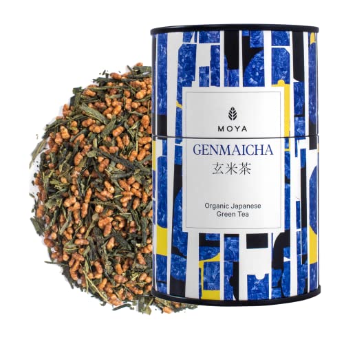 Organischer Moya Grün-Tee Genmaicha 60 g | Loseblatttee mit geröstetem, gepufftem braunem Reis | Grüner Genmai Cha aus Japan | Vegan Freundlich | in mehrfarbiger Metalldose | Perfekt Geschenk von Moya Matcha