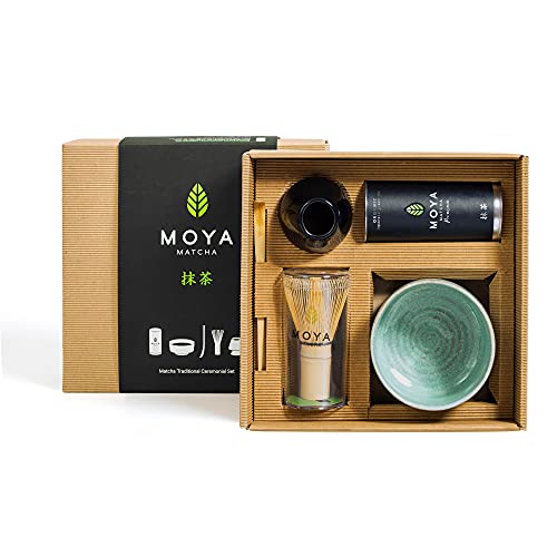 Moya Matcha Tee Set Organischer Pulver Grün | BIO 30 g Premium Klasse (I) | Verpackung + Matcha-Schale + Bambusbesen + Besenhalter+ Bambuslöffel | Set zur Matcha-Zubereitung | Geschenkset von Moya Matcha