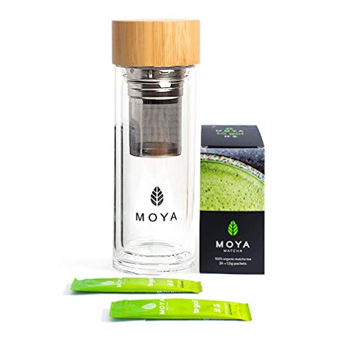 Organischer Moya Matcha To Go! Set | 24 Stück x 1,5 g Matcha To Go Sticks + Glas-Shaker 330ml | Set zur heißen und kalten Matcha-Vorbereitung | Ideal zur Arbeit oder Unterwegs von Moya Matcha