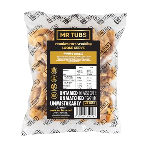 Mr Tubs Pork Crackling - 250g-Tüte - Premium Schweinekrusten Snack – Glutenfreier, Proteinreicher, Kohlenhydratarmer, Ketofreundlicher Snack (250g, Honigbraten) von Mr Tubs Pork Crackling