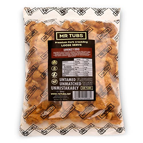 Mr Tubs Pork Crackling - 250g-Tüte - Premium Schweinekrusten Snack, – Glutenfreier, Proteinreicher, Kohlenhydratarmer, Ketofreundlicher Snack (250g, Rauchiges BBQ) von Mr Tubs Pork Crackling