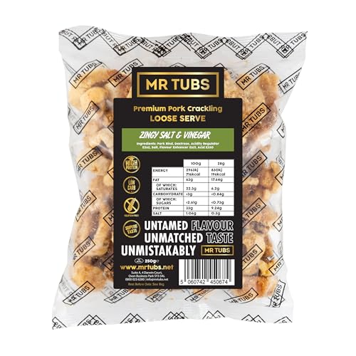 Mr Tubs Pork Crackling - 250g-Tüte - Premium Schweinekrusten Snack, – Glutenfreier, Proteinreicher, Kohlenhydratarmer, Ketofreundlicher, Schweinekrustensnack Snack (250g, Salz und Essig) von Mr Tubs Pork Crackling
