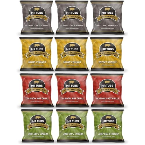 Mr Tubs Premium Pork Crackling Schweineschwarten – Folienbeutel In Unterschiedlichen Geschmacksrichtungen (12 X 28g-Beutel) - Gourmet Crackling, Keine Scratchings (12 Sachets, Mixed) von Mr Tubs Pork Crackling