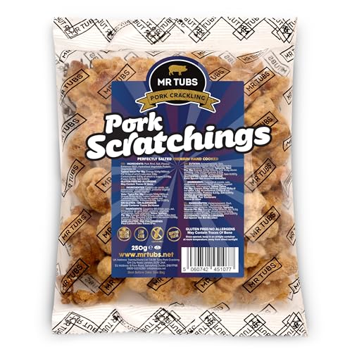 Mr Tubs Premium Pork Scratchings - Glutenfrei - Perfectly Salted, 1 X 250g Tüten, Proteinreicher, Kohlenhydratarmer, Ketofreundlicher Snack Aus Schweineschwarte (1 x 250 g Beutel) von Mr Tubs Pork Crackling