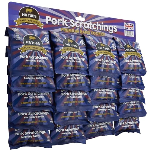 Mr Tubs Premium Pork Scratchings - Glutenfrei - Perfectly Salted, 20 X 18g Tüten Im Pub-Stil, Proteinreicher, Kohlenhydratarmer, Ketofreundlicher Snack Aus Schweineschwarte (20 x 18 g Beutel) von Mr Tubs Pork Crackling