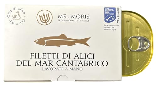 Mr. Moris® | Sardellenfilets aus dem Kantabrischen Meer in Olivenöl | Handgemachte | Kosher | MSC-zertifiziert aus nachhaltigem Fischfang | Im Premiumetui | 1 Packgun 120g von Mr.Moris