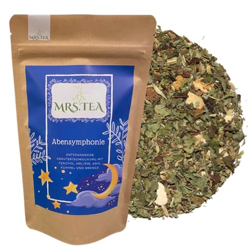 Mrs. Tea Abendsymphonie - beruhigende Kräuterteemischung 100g | Fenchel, Anis, Kümmel, Melisse, Orange | Kräutertee Gute Nacht Tee aus deutschem Anbau | Glutenfrei, laktosefrei, vegan von Mrs. Tea