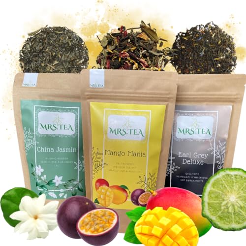 Mrs. Tea Bestseller Bundle | Mango Mania 70 g, Earl Grey Deluxe 80 g und China Jasmin | Weißer Tee, Schwarzer Tee und Grüner Tee Jasmin | Natürliche lose Tees von Mrs. Tea